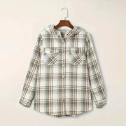 Plaid hooded fleece-lined jacket with button front and flap pockets, cozy and warm for casual wear.