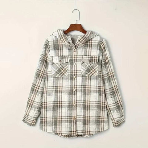 Plaid hooded fleece-lined jacket with button front and flap pockets, cozy and warm for casual wear.
