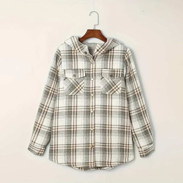 Plaid hooded fleece-lined jacket with button front and flap pockets, cozy and warm for casual wear.