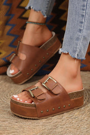 Chestnut Studded Platform Slides with dual buckle design and chic studded detailing.