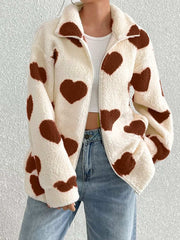 Heart Furry Zip-Up Jacket with brown heart motifs, cozy plush texture, and drop shoulder design.