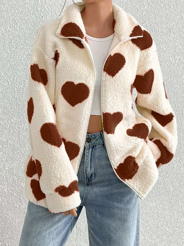 Heart Furry Zip-Up Jacket with brown heart motifs, cozy plush texture, and drop shoulder design.