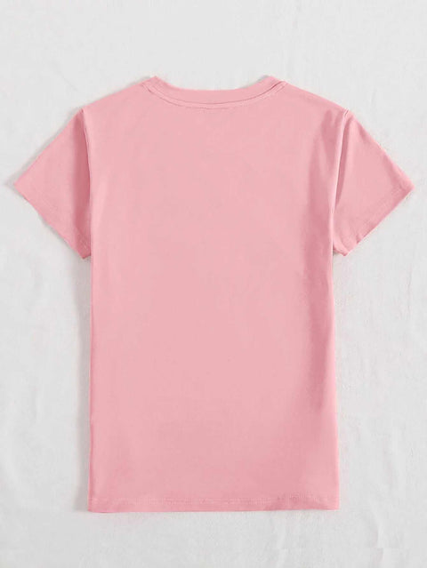Sequin Rabbit Round Neck Tee in light pink, short sleeves, soft breathable polyester fabric.
