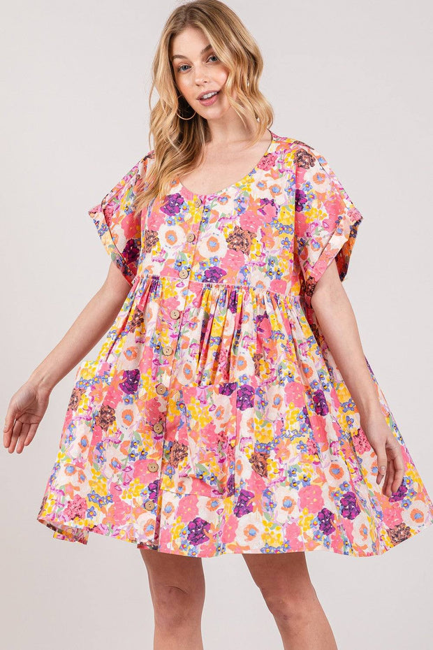 Floral babydoll dress with pockets in vibrant colors, perfect for casual outings.