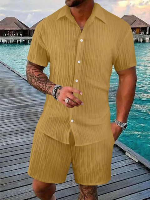 Plus Size Button Down Shorts Set with short sleeve shirt, classic collar, and elastic waistband shorts, ideal for casual outings.
