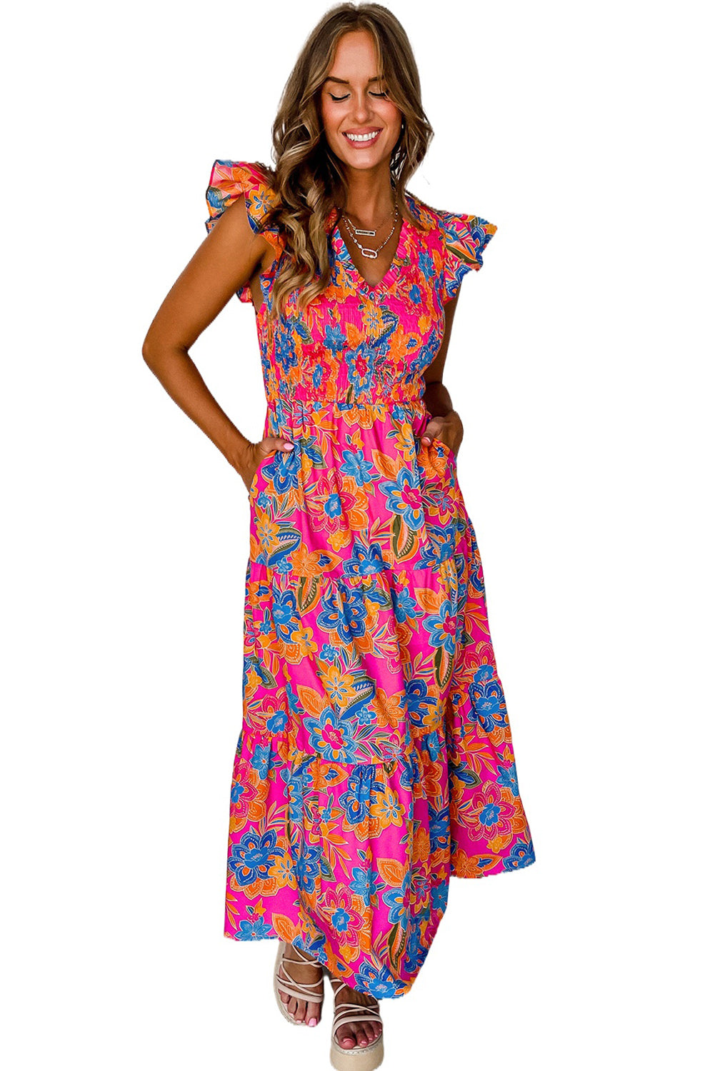 Boho Floral V Neck Long Dress