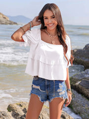 Ruffled Square Neck Half Sleeve Blouse, white, stylish and feminine beachwear.