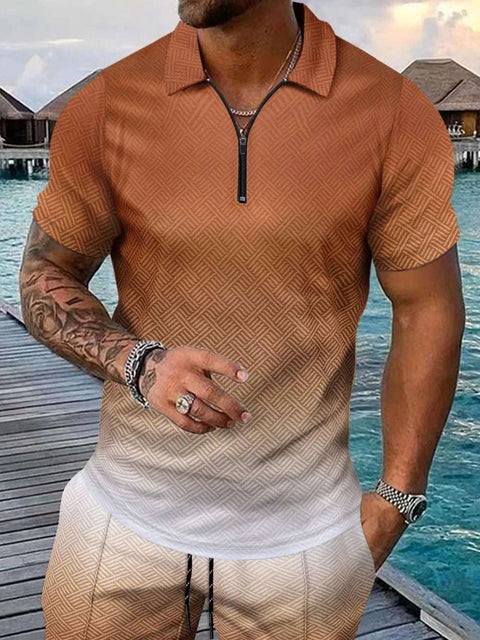 Gradient Collar Top & Shorts Set with collared neckline and gradient design, perfect for casual and modern style.