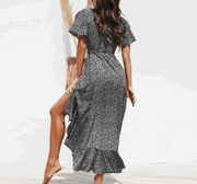 V-Neck Lace-Up Chiffon Skirt with high-rise waist and irregular hem in black pattern.