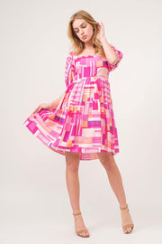 Color Block Puff Sleeve Dress with bold pink pattern and puff sleeves, perfect for various occasions.