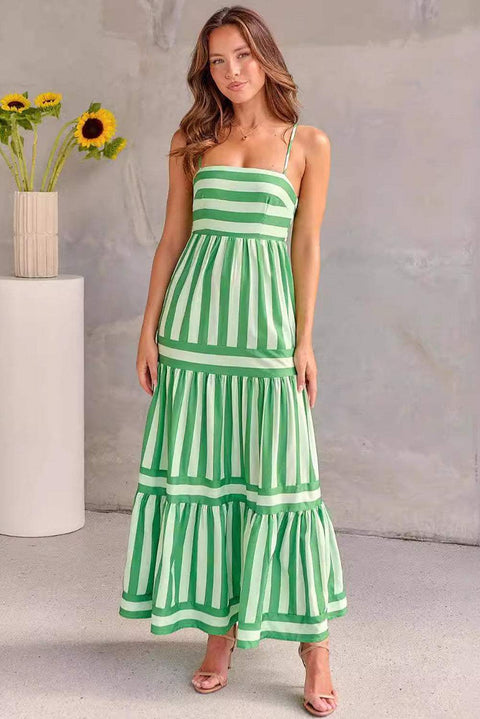 Green Striped Smocked Dress with spaghetti straps and tiered design.