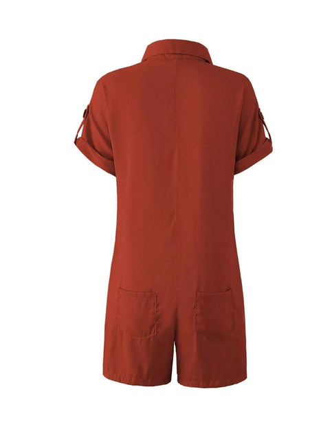 Rust-colored Button Front Short Sleeve Romper with pockets and short sleeves, ideal for casual wear.