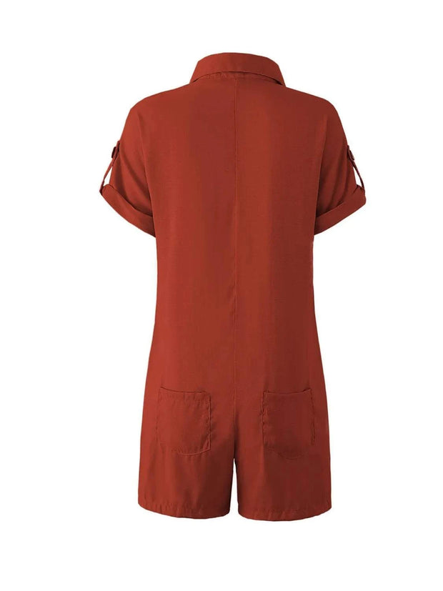 Rust-colored Button Front Short Sleeve Romper with pockets and short sleeves, ideal for casual wear.
