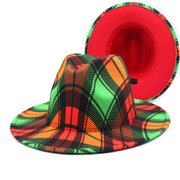 Colorful plaid woolen fedora hat with flat brim for versatile styling.