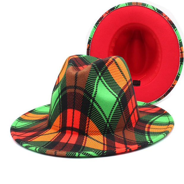 Colorful plaid woolen fedora hat with flat brim for versatile styling.