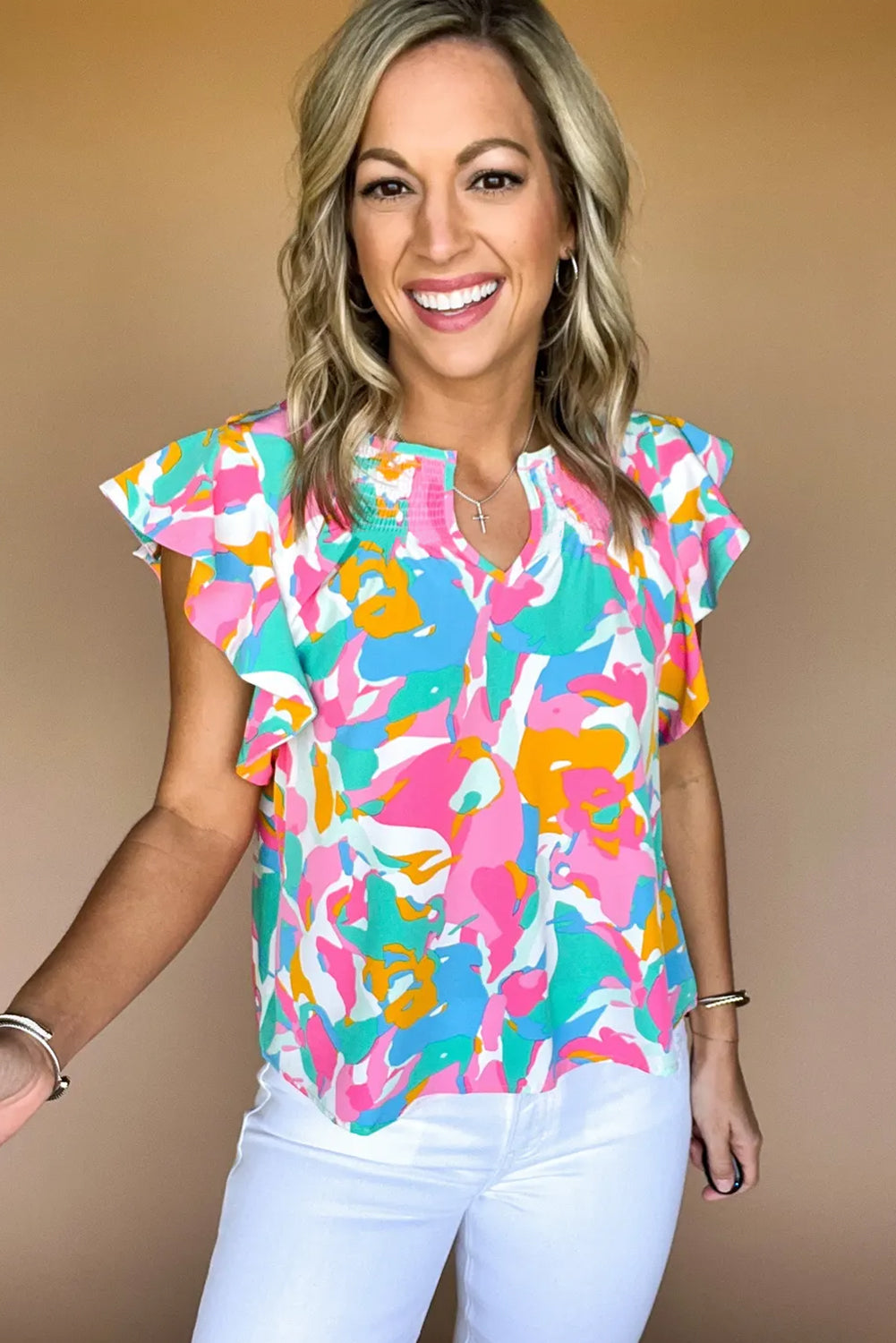 Multicolored Abstract Ruffle Blouse