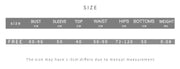 Size chart for Lace Crochet High Waist Suit with bust, sleeve, top, waist, hips, bottoms, weight measurements.