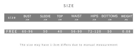 Size chart for Lace Crochet High Waist Suit with bust, sleeve, top, waist, hips, bottoms, weight measurements.