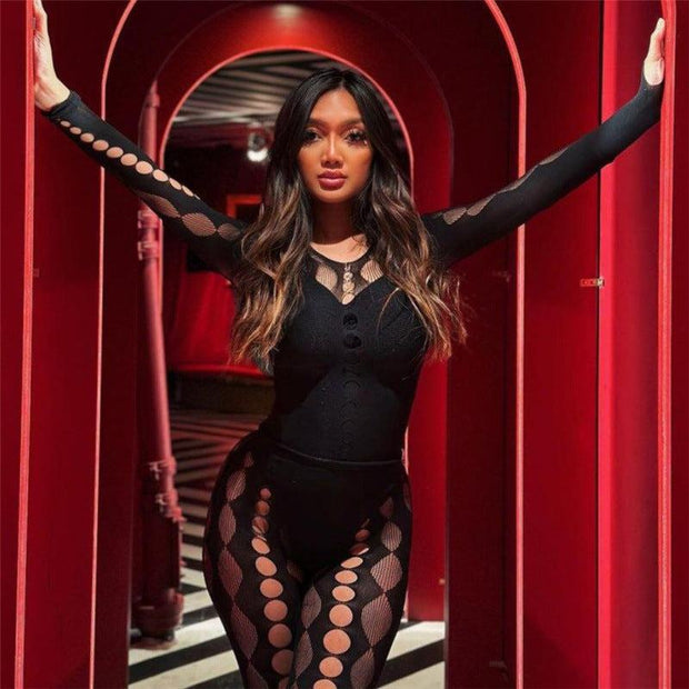 Lace Crochet High Waist Suit with intricate design in black, featuring stylish see-through elements, perfect for elegant occasions and street style.