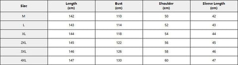 Size chart for Embroidery White Muslim Robe displaying measurements for sizes M to XXXXL.