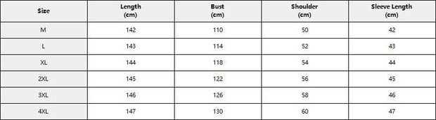 Size chart for Embroidery White Muslim Robe displaying measurements for sizes M to XXXXL.