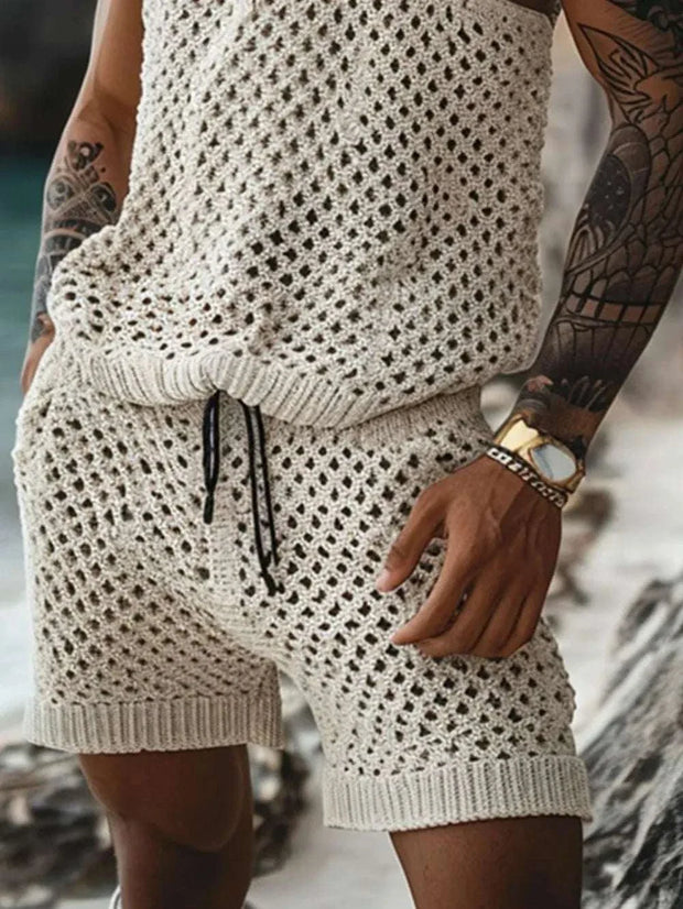 Plus size hollowed out tank and shorts set in breathable fabric for men, perfect for casual summer wear.