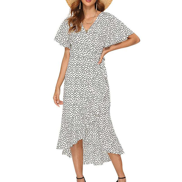 V-Neck Lace-Up Chiffon Skirt in polka dot pattern with high-waist and irregular hem.