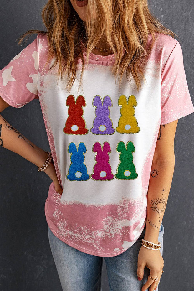 Pink Rabbit Round Neck Tee with colorful rabbit graphic, casual style.