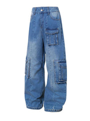 Men's blue wide leg cargo jeans with multiple pockets and relaxed fit