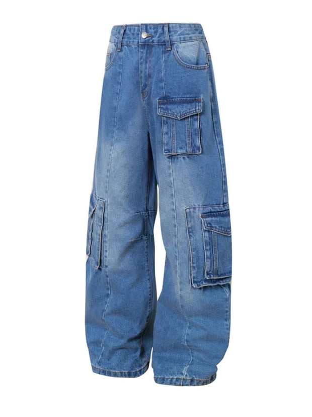 Men's blue wide leg cargo jeans with multiple pockets and relaxed fit