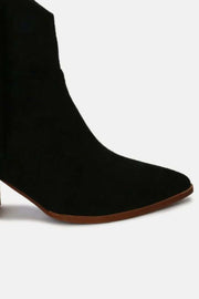Beast Suede Fringe Ankle Boots in black suede with mid heel, featuring stylish fringe detail for trendy look.
