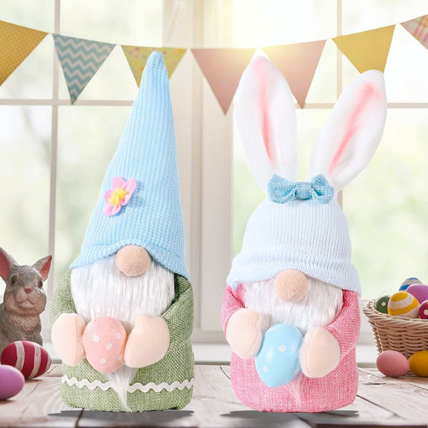 Easter knitted faceless doll hat with bunny ears and colorful eggs, festive decor.