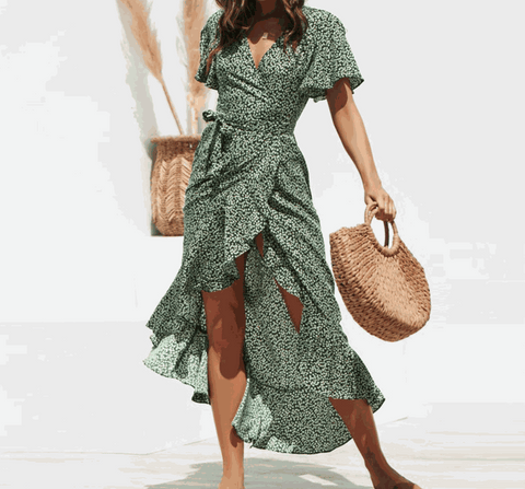 V-Neck Lace-Up Chiffon Skirt in green with irregular hem and high-rise waist.
