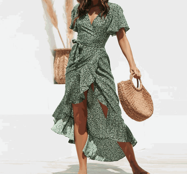 V-Neck Lace-Up Chiffon Skirt in green with irregular hem and high-rise waist.