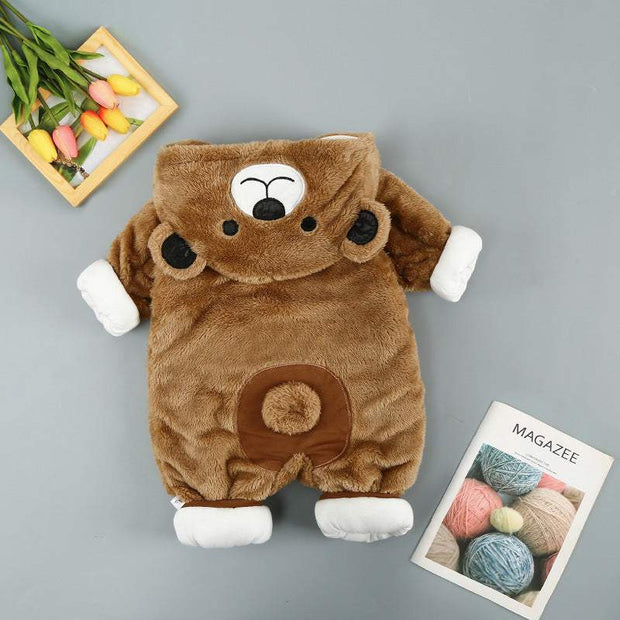 Cozy brown baby cotton onesie designed as a bear costume, perfect for winter warmth and comfort.