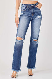 Distressed straight jeans with high-rise waist and raw hem detailing.