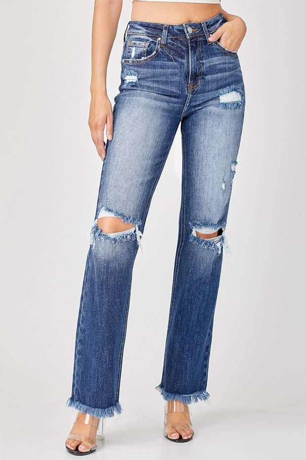 Distressed straight jeans with high-rise waist and raw hem detailing.