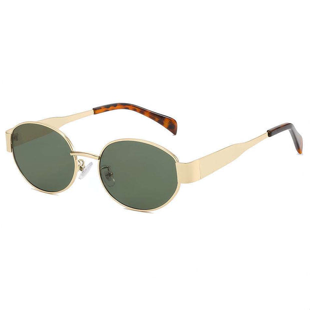 Metal Oval Vintage Sunglasses with gold frame, retro design, UV protection.