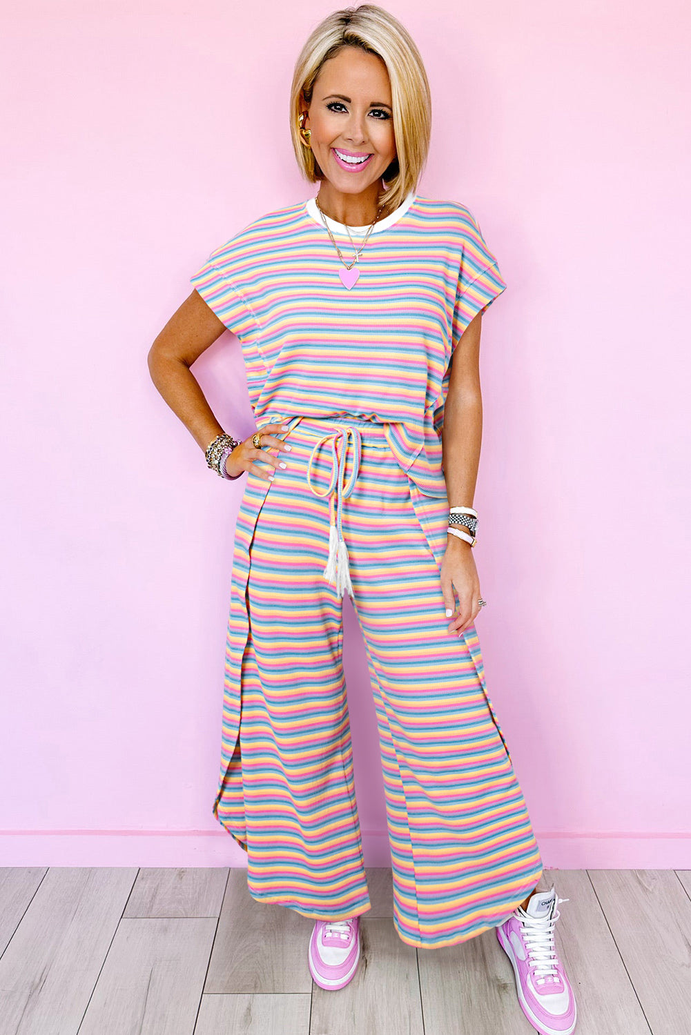 Rainbow Stripe Tee & Wide Leg Pants Set