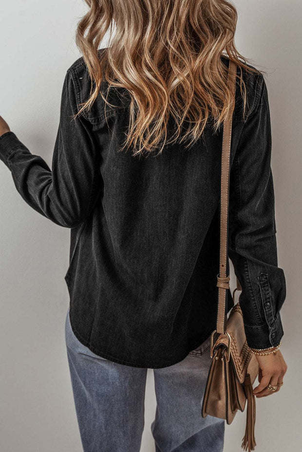 Denim Button-Up Jacket with long sleeves, featuring relaxed fit and casual style.