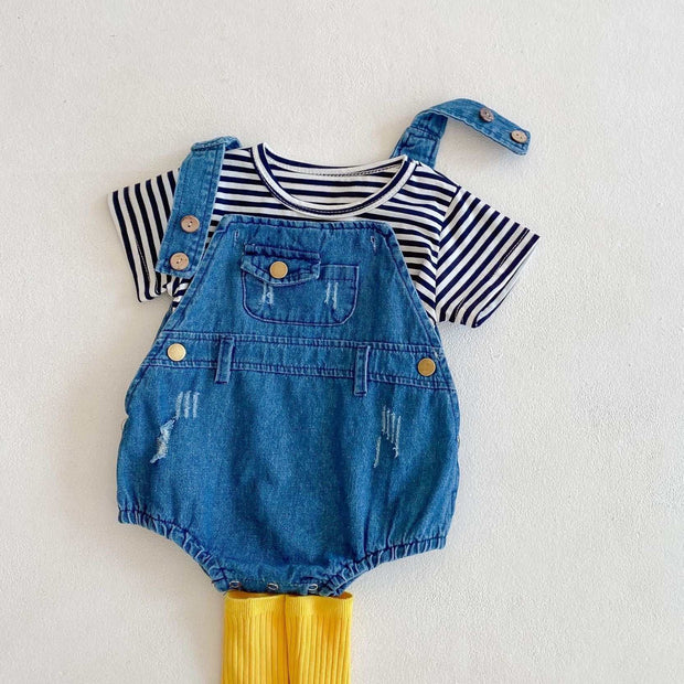 Two-piece baby suit with striped T-shirt and denim overalls.