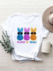 Sequin Rabbit Round Neck Tee with playful sequin rabbit design, ideal for casual or festive occasions.