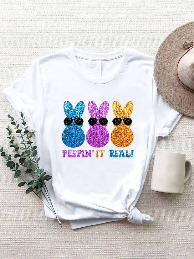 Sequin Rabbit Round Neck Tee with playful sequin rabbit design, ideal for casual or festive occasions.