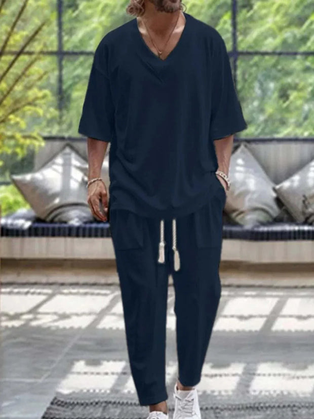Men's V-Neck Half Sleeve Top and Pants Set in navy blue, casual and stylish outfit.