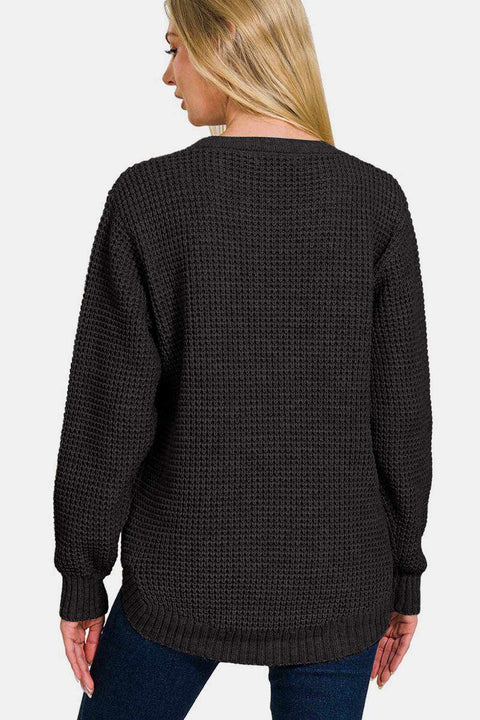 Zenana High Low Waffle Sweater in black, showing waffle-knit texture and high-low hem.
