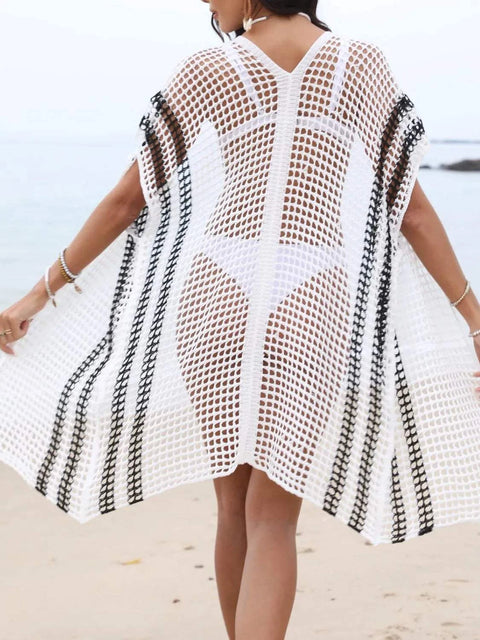 Contrast Openwork Open Front Cover-Up with stripe detailing on beach.
