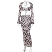 Printed Long-Sleeve Slim Skirt Suit with Zebra Stripes Pattern