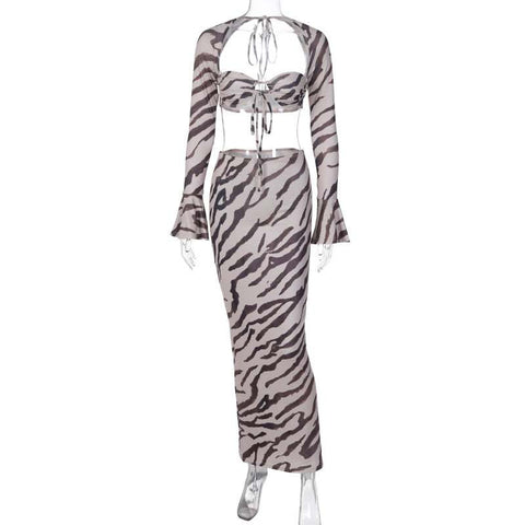 Printed Long-Sleeve Slim Skirt Suit with Zebra Stripes Pattern