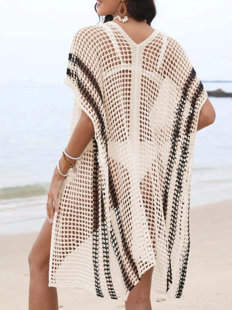 Contrast Openwork Open Front Cover-Up, beachwear, stylish accessory, lightweight fabric, elegant design, breathable material, summer fashion, cover-up style, poolside fashion.