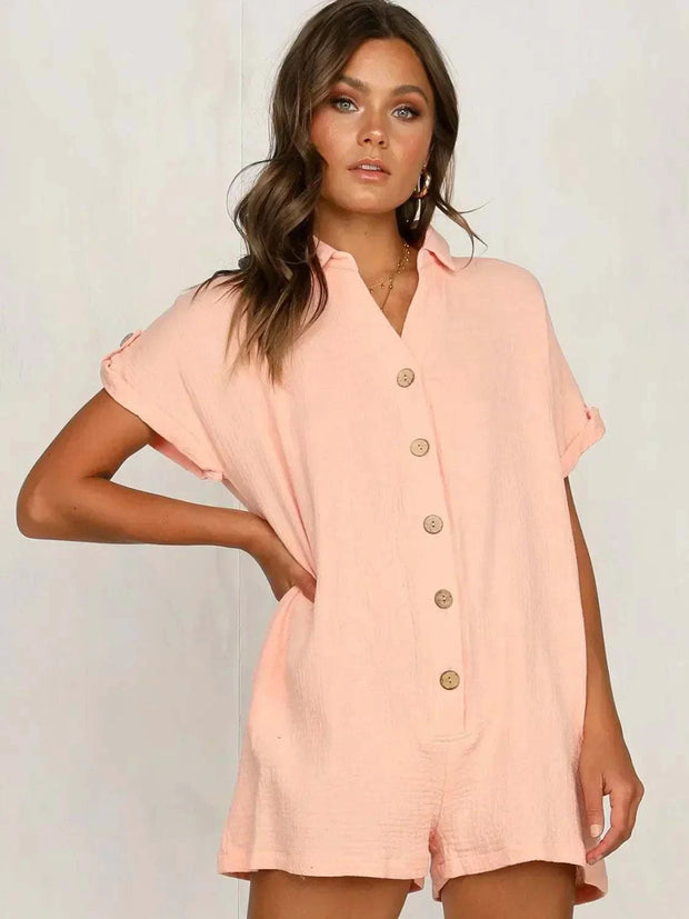 Button Front Short-Sleeve Romper in peach with buttoned front and relaxed fit, ideal for casual spring and summer wear.